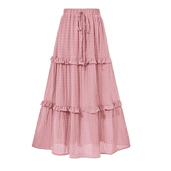PNTUTB Fashionable Women's Casual Loose Pleated Skirt Solid Color Plaid Lace Up Elastic High Waisted Skirt