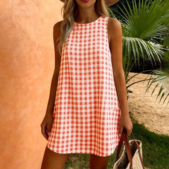 Wovilon Women's Sleeveless Round Neck Gingham Mini Dress, A-Line Relaxed Fit Casual Summer Tunic, Back Button Detail Cotton Loose Short Shift Dress for Beach Vacation Holiday Daily Wear