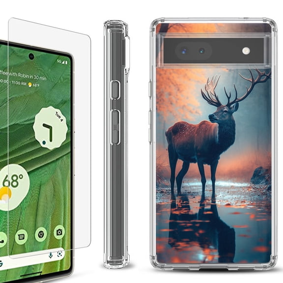 Shockproof Bumper Phone Case for Google Pixel 6a, with Tempered Glass Screen Protector, by OneToughShield ® - Deer Autumn