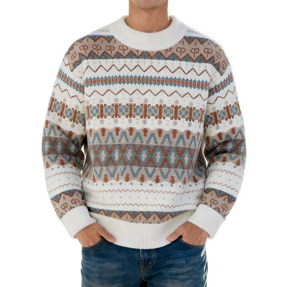 DHFJKG Mens Vintage Fair Isle Knit Sweaters Thickened Loose Fit Crew High Neck Long Sleeve Knitted Pullover Warm Fall Winter Comfort Jumper Tops