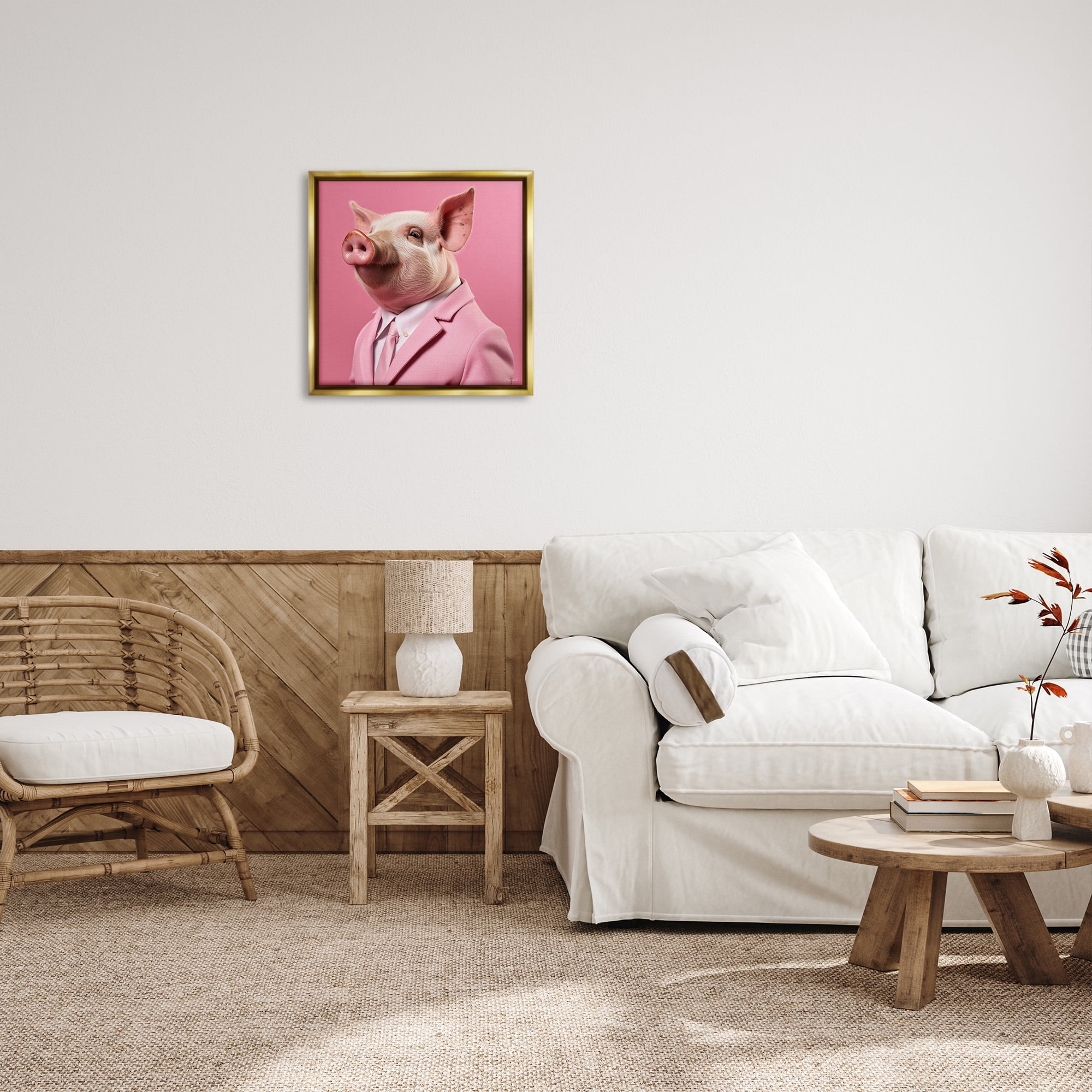 Stupell Industries Pink Pig Fashion Animals & Insects Painting Gold Floater Framed Canvas Art Print Wall Art, 25 x 25