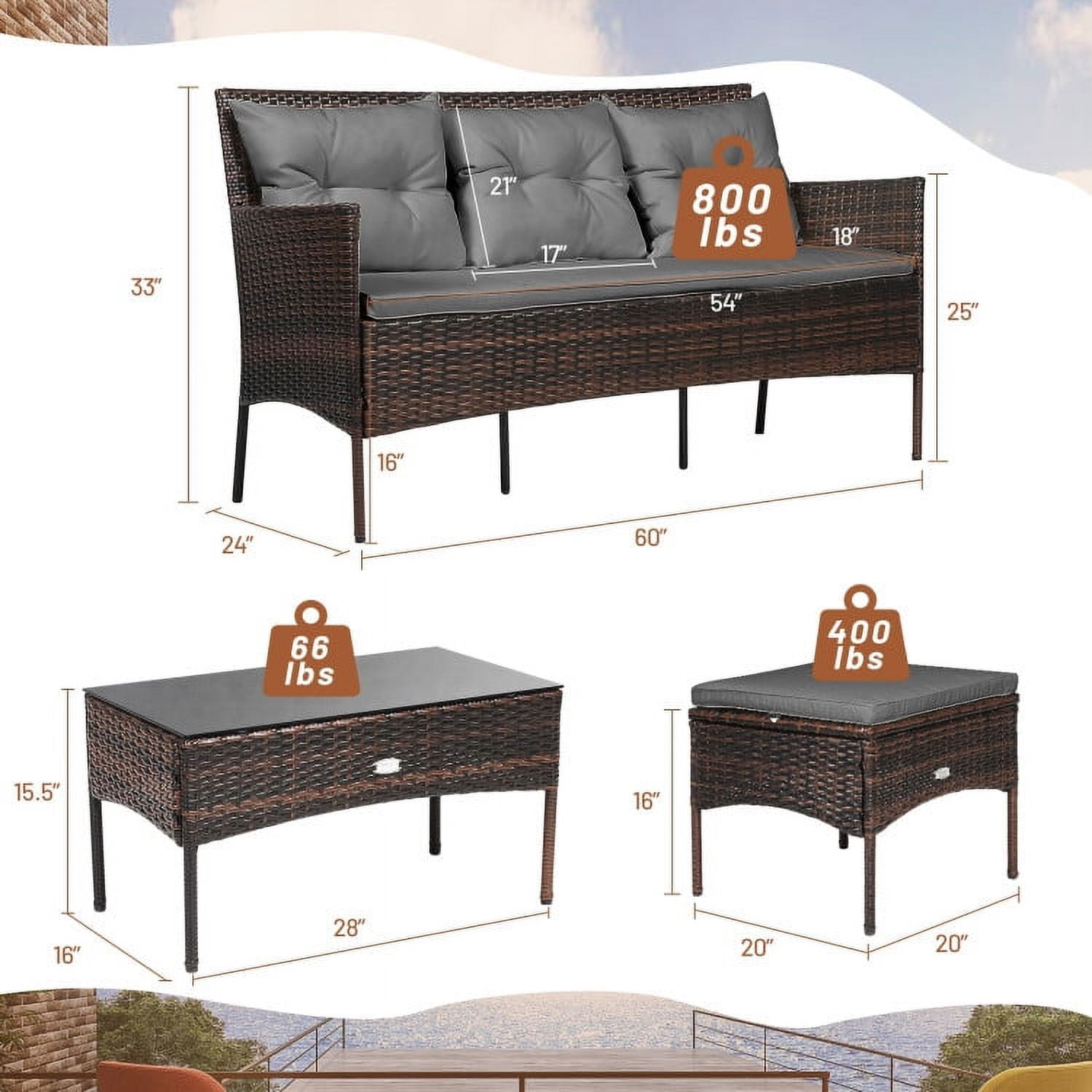 Aimee Lii 3 Pieces Patio Furniture Sectional Set with 5 Cozy Seat and Back Cushions, Outdoor Wicker Patio Furniture Set, Gray