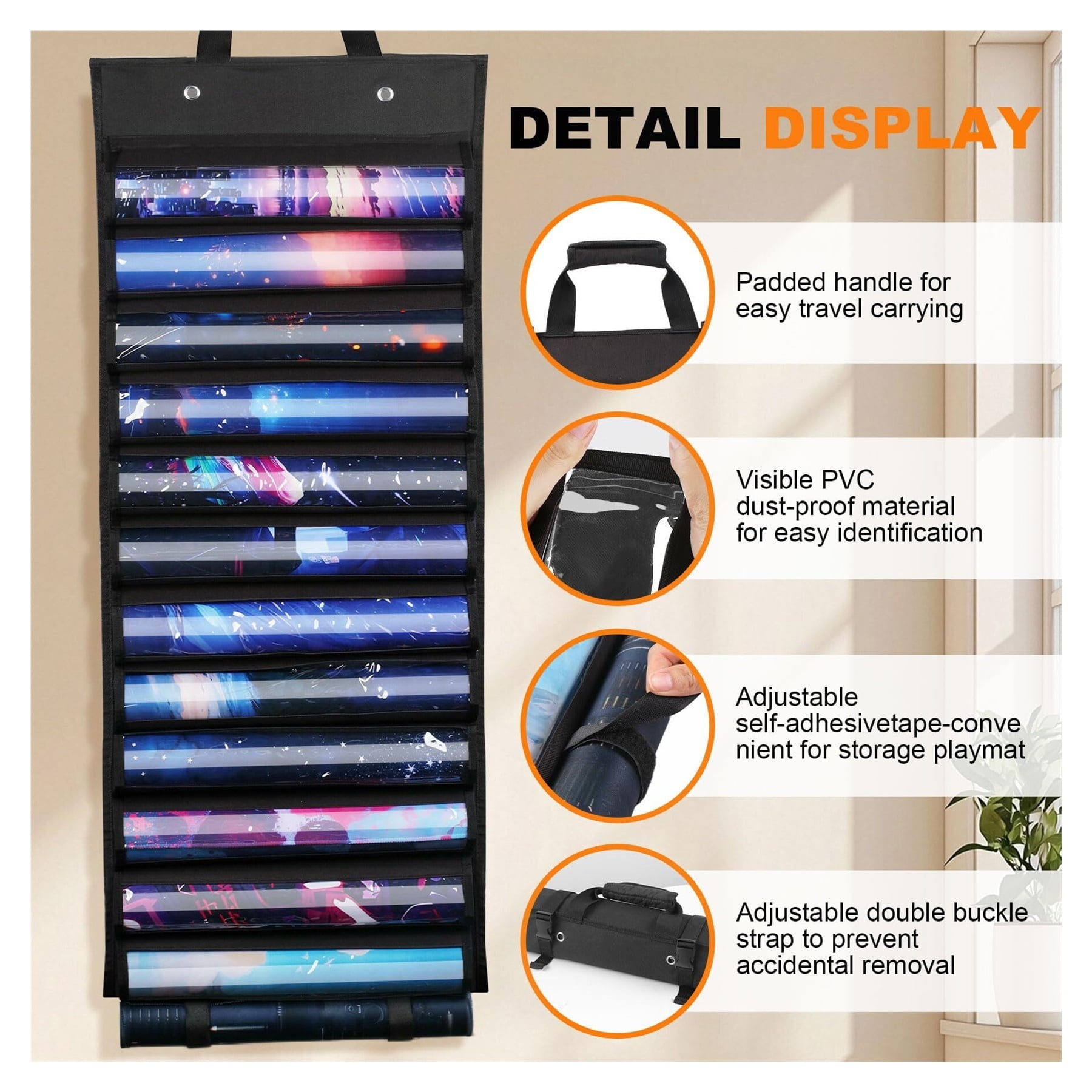 Playmats with Transparent Plastic Slots, Portable Organizer Rack for TCG/RPG Mat (Black)