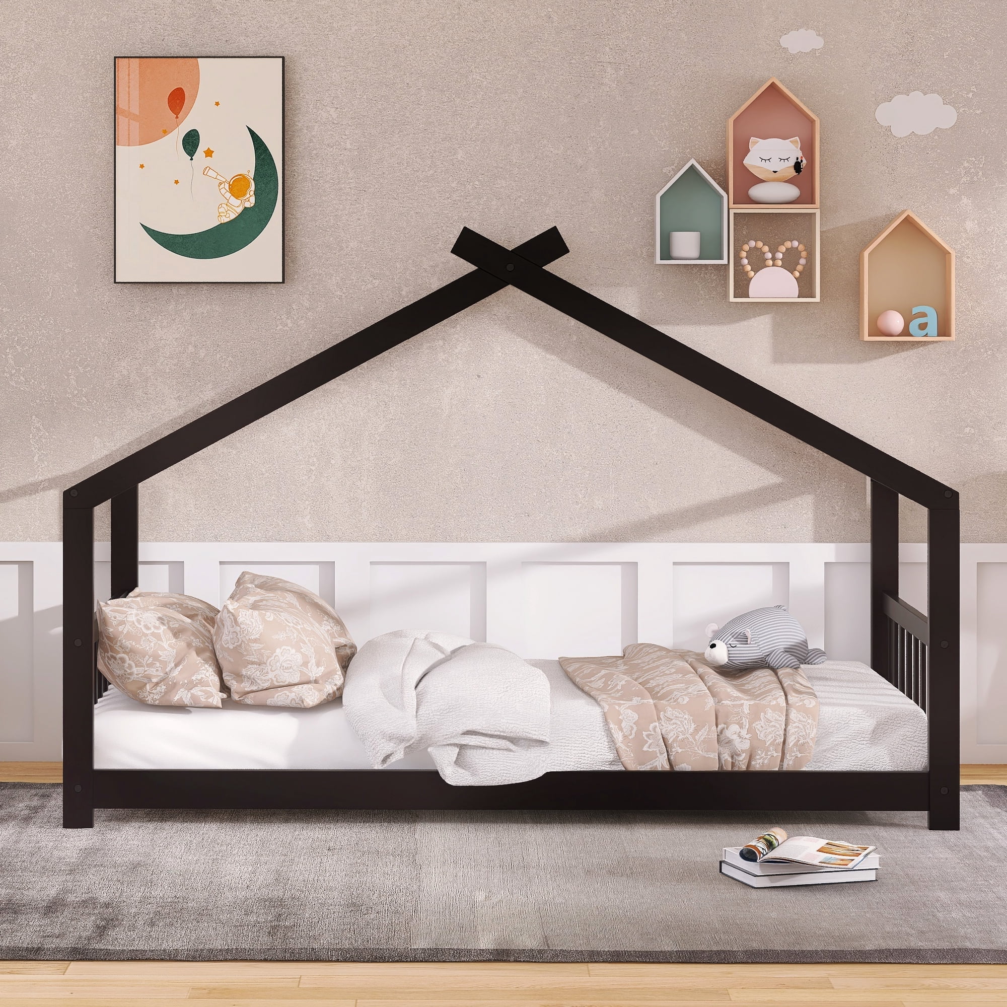 Gewnee Wood Twin Size House-Shaped Platform Bed with Headboard and Footboard for Kids,Espresso