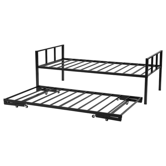 Metal Twin Daybed Frame Complete with Trundle Pull-Out Bed and Durable Steel Slats – Ideal for Guest Rooms, Dorms, and Small Spaces