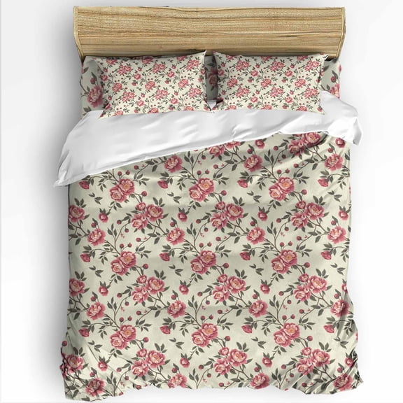 Retro Pink Flower Full Size Comforter Set, Floral Leaf Plant Country Watercolor Soft Bedding for All Seasons, 4 Pcs Bed Set with 1Comforter (86"x86") ,1 Sheet(80"x116"), 2 Pillowcases (19"x29")