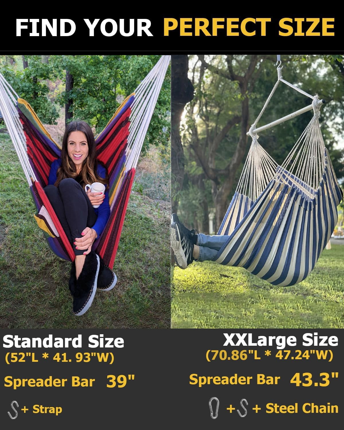 Sunyear Hammock Chair Anti-Slip Oversized Swing Chair  -  XXL Hanging Chair with  Steel Spreader Bar and Pocket for Bedroom, Patio, Outdoor/Indoor Use  (500 lbs Capacity)