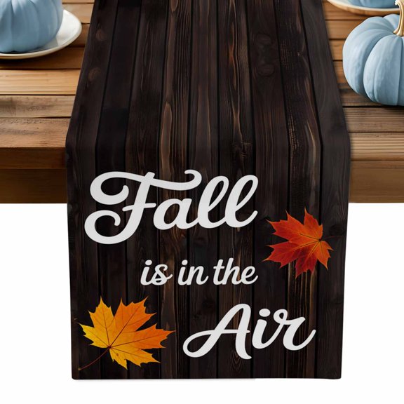 ERUNPONLY Fall Maple Table Runner - 36 Inch Long Thanksgiving Leaves Farmhouse Brown Wood Plank Cotton Linen Blended Dress Scarves Farmhouse Table Runner for Kitchen Dining, Coffee Table, 13" x 36"