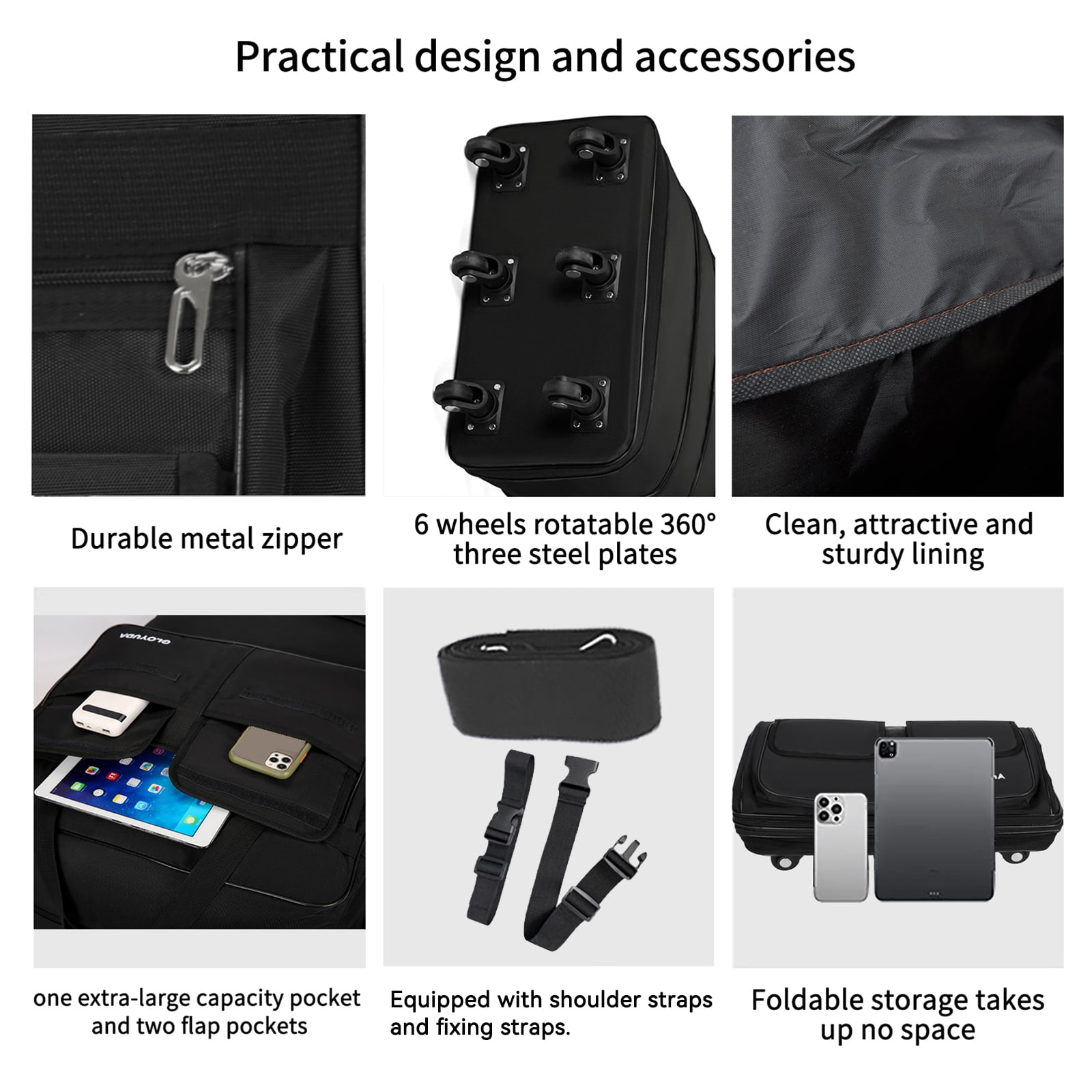 Gloyuda 130L Rolling Bag, 40 inch Duffle Bag with Wheels, Rolling Tote Bags with Wheels, Collapsible Luggage, Travel Bag with Wheels and Handle, Roller Bag with 2 Fixing Straps and 1 Shoulder Strap