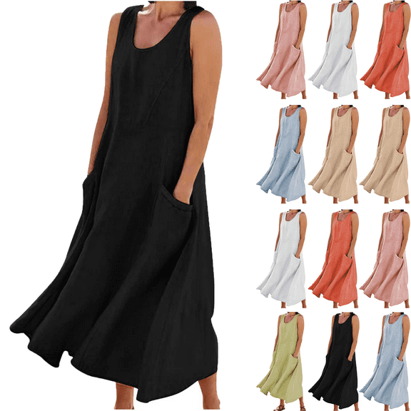 Summer Maxi Dresses for Women Casual Women's Summer Fashion Solid Color Sleeveless Cotton Linen Long Dress with Side Pockets Beach Vacation Sundress Plus Size S-5XL