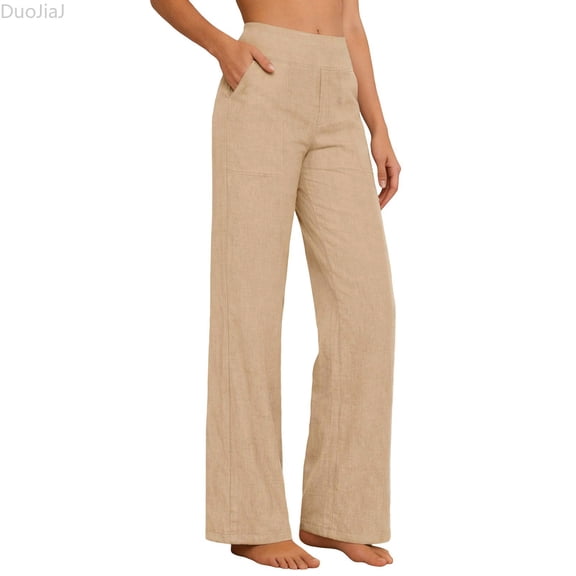DuoJiaJ Casual Linen Pants High Waist Wide Leg Trousers Loose Fit Comfortable Fashionable Long Pants Women's Wide Leg Pants Beige L