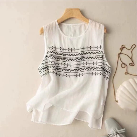 QUNYINEY Embroidered Tank Tops Women Linen Vintage Tops Crew Neck Sleeveless Loose Fit Flowy Summer Womens Shirts