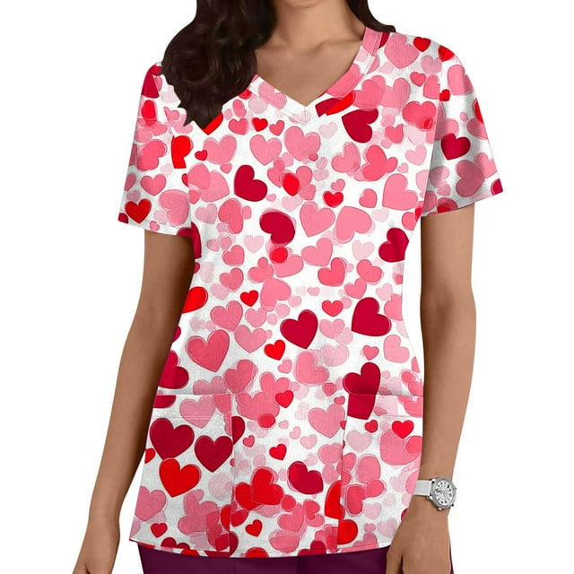 Uniformes médicos de San Valentín para mujer, modernos, con cuello en V y estampado de corazones, informales, de manga corta, para vacaciones, con bolsillos