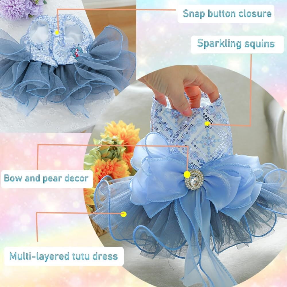 ANIAC Gray Dog Dress for Small Dogs Female,Bow Knot Girl Puppy Clothes with Detachable Pearl Necklace, Elegant Cat Dress, Formal Pet Pary Outfit for Wedding Birthday Valentines (Gray, Large)