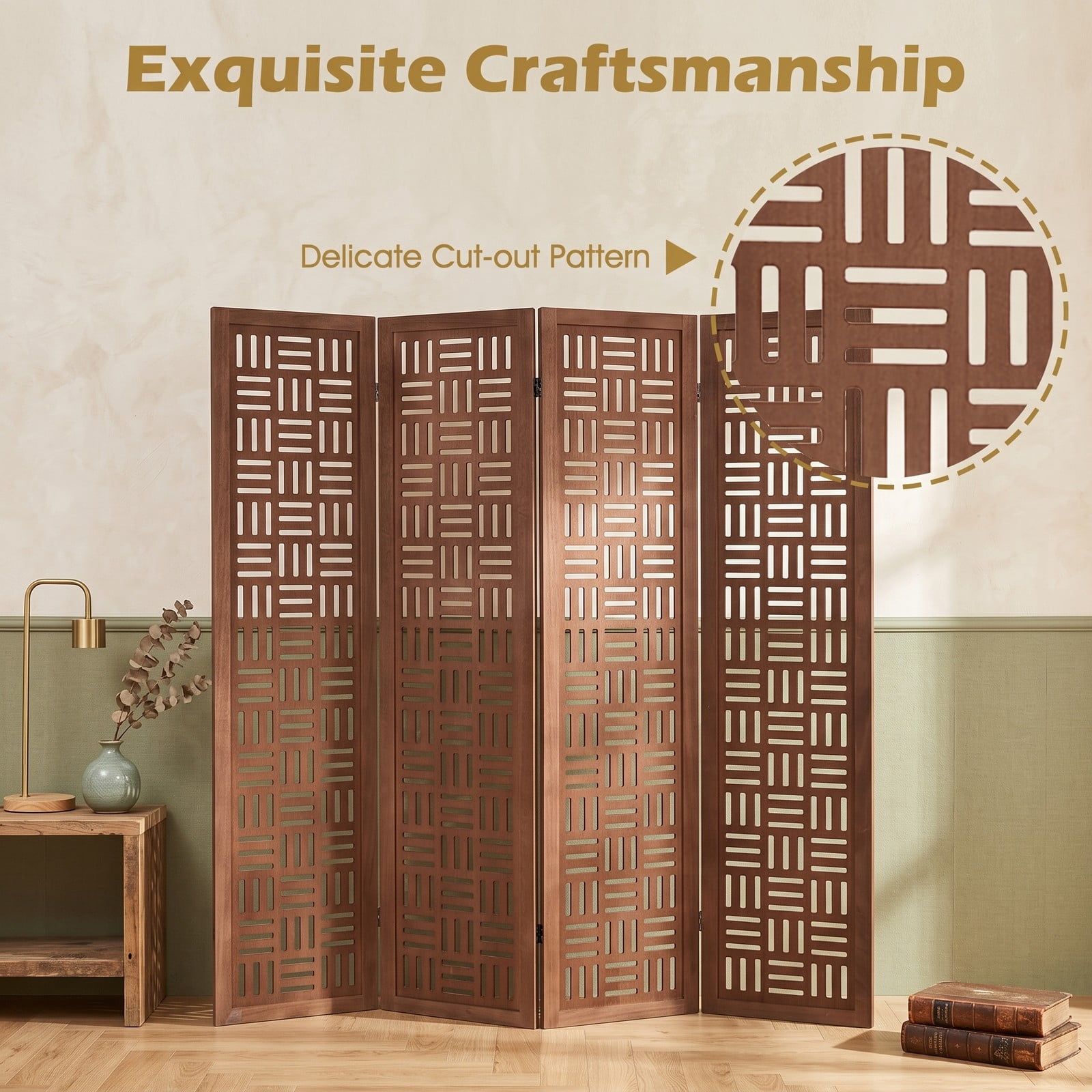 ALPULON 6-Panel Solid Wood Room Divider Folding Partition Screen, Freestanding Paulownia Wood Privacy Panel with Cut-Out Pattern for Living Room Bedroom Office, Walnut