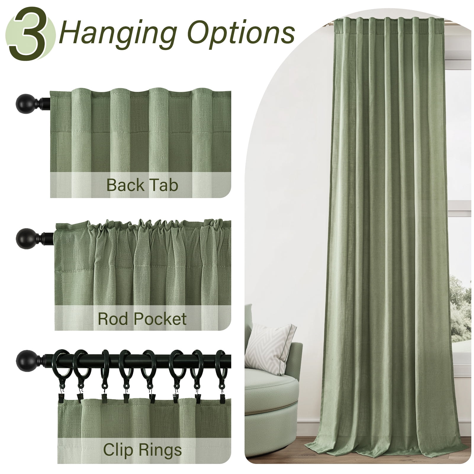 Topfinel Linen Curtains 90 Inch Long for Bedroom Living Room, Soft Linen Textured Window Drapes Semi Sheer Light Filtering Rod Pocket Back Tab Drapes,SageGreen 2 Panels