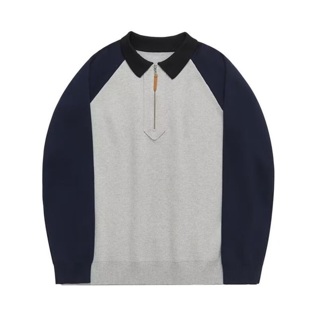 T-Shirts Contrast Color Half Zipper Knitwear Heavyweight Spring Korean Edition Mens Shirts Grey XL