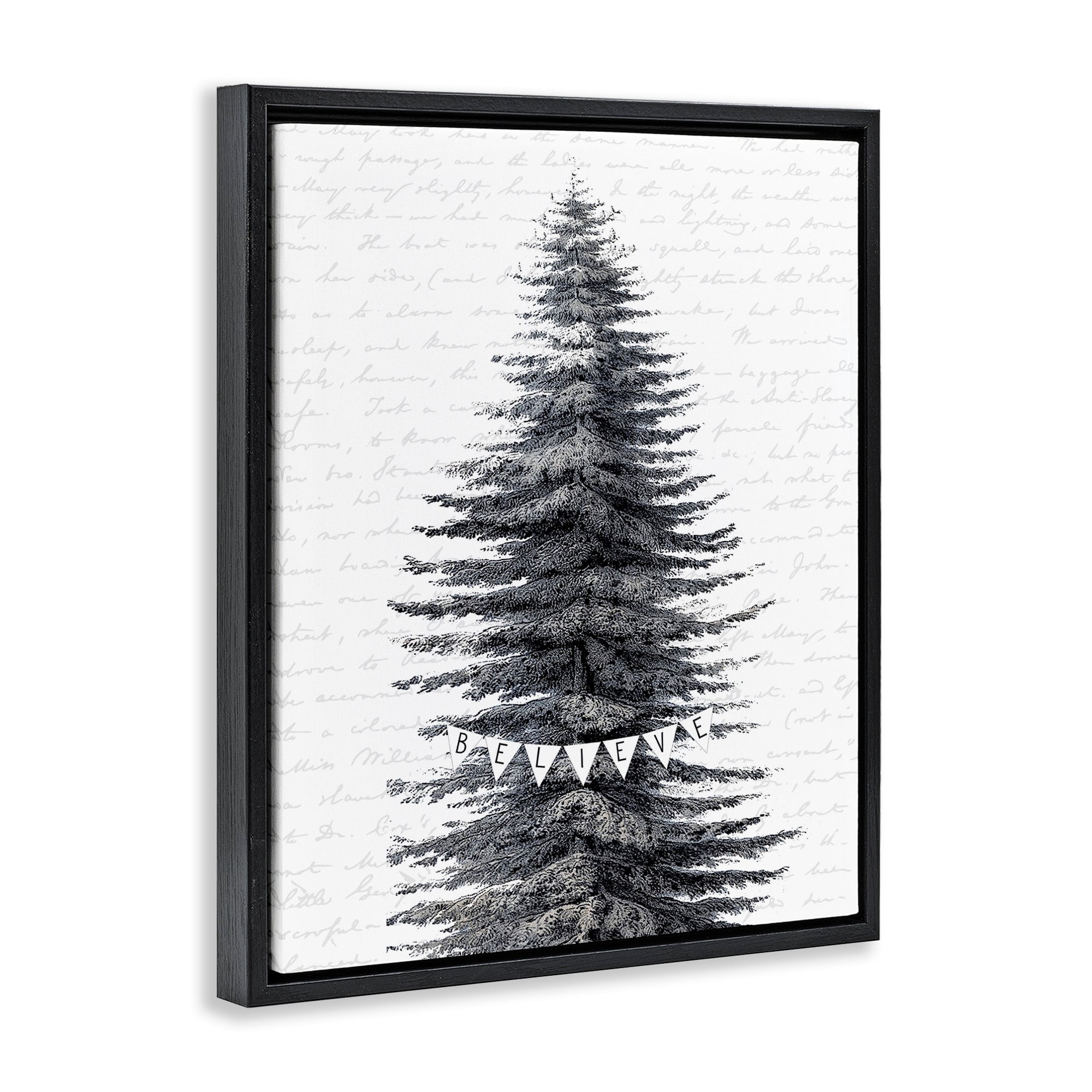 Stupell Industries Snow Covered Christmas Tree Believe Holiday Word Design Jet Black Framed Floating Canvas Wall Art, 16x20, by Lettered and Lined