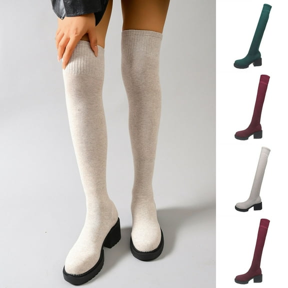 Miluxas Women's Over the Knee Platform Thigh High Boots Long Stretch Soft Round Toe Mid Chunky Heel Lug Sole Fall Boots Wine 9(42)