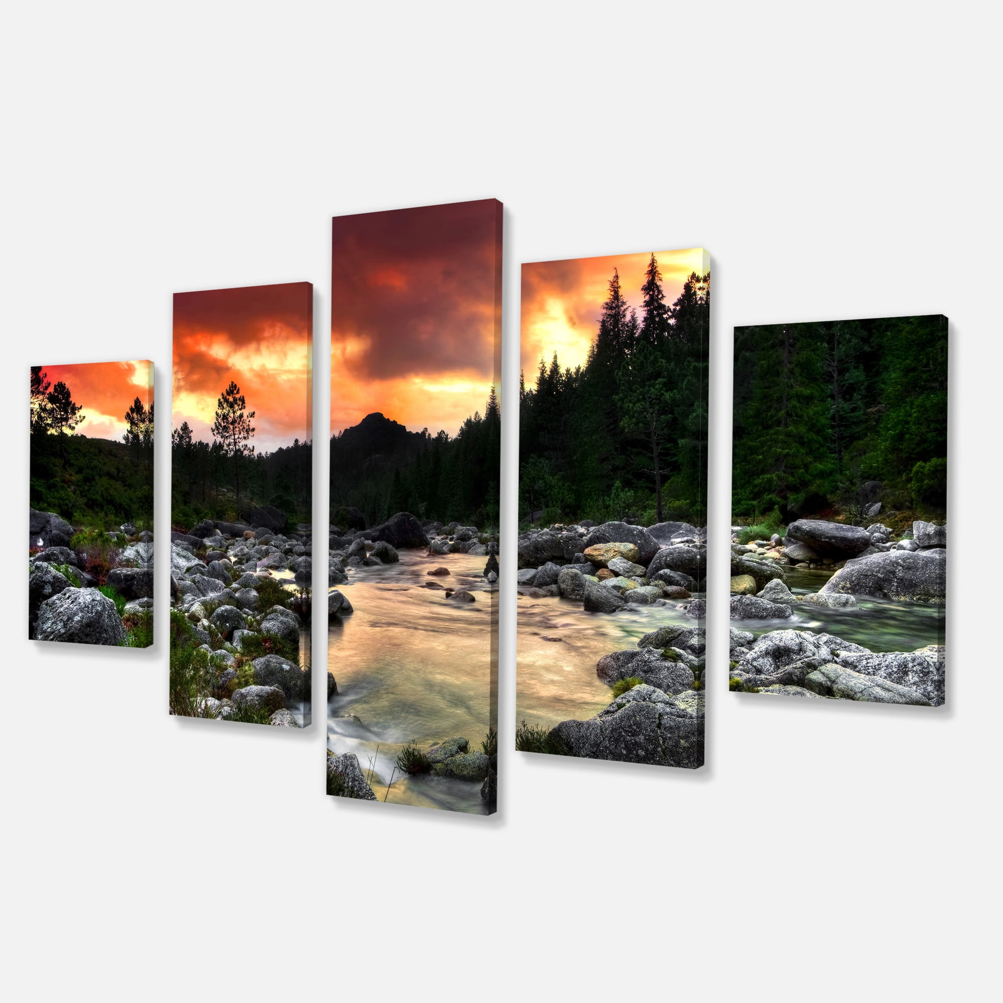 Designart 'Rocky Mountain River at Sunset ' Extra Large Wall Art Landscape