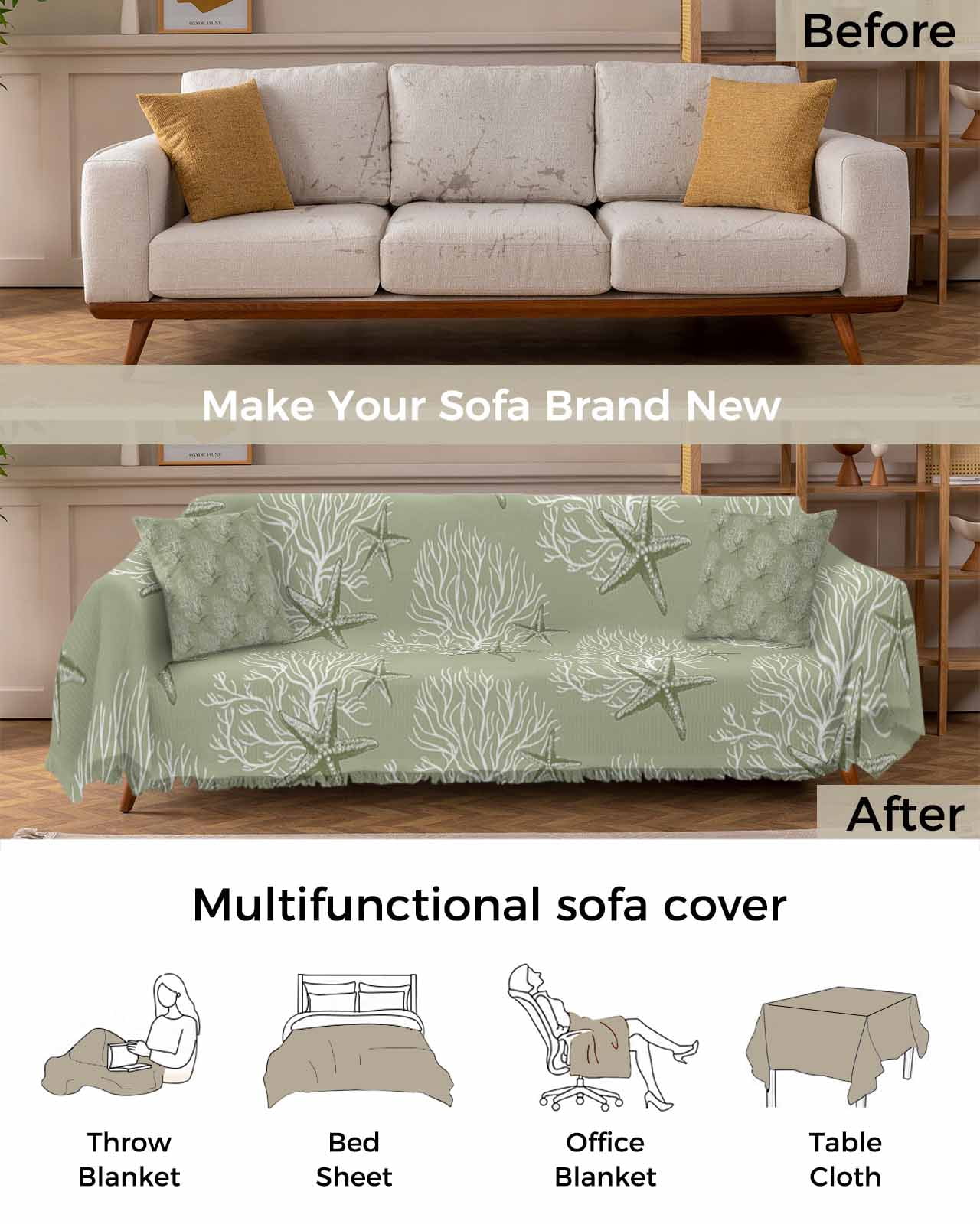Sage Green Starfish Sofa Covers for 3 Cushion Couch,Washable Sectional & L Shape Couch Covers for Dog/Cat/Kid,Coastal Coral Nautical Summer Sea Non Slip Sofa Slipcover Tassel Futon Cover 71x150