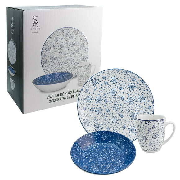 Juego Vajilla Familiar Porcelana Alemana, 12 Piezas para 4 Personas, Diseño Floreado Con Caja de Regalo, Color Azul y Blanco