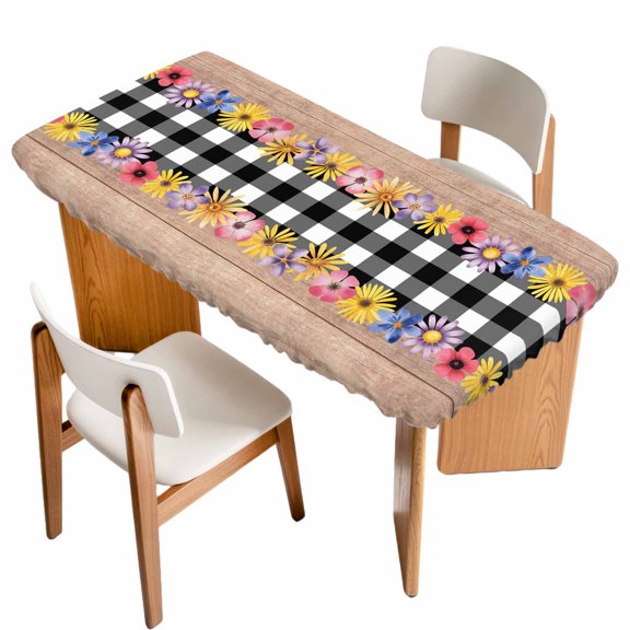 Colorful Flowers Table Cloths for 5 Foot Rectangle Tables, Spring Floral Elegant Pastoral Wooden Patio Waterproof Elastic Fitted Tablecloths, Washable Rectangular Table Cover for Camping