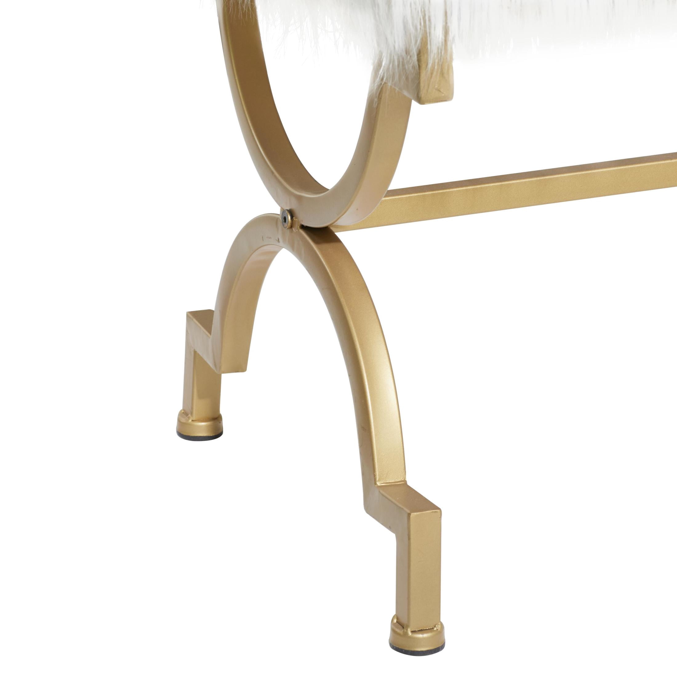 DecMode Metal Bench with White Faux Fur Top, Gold