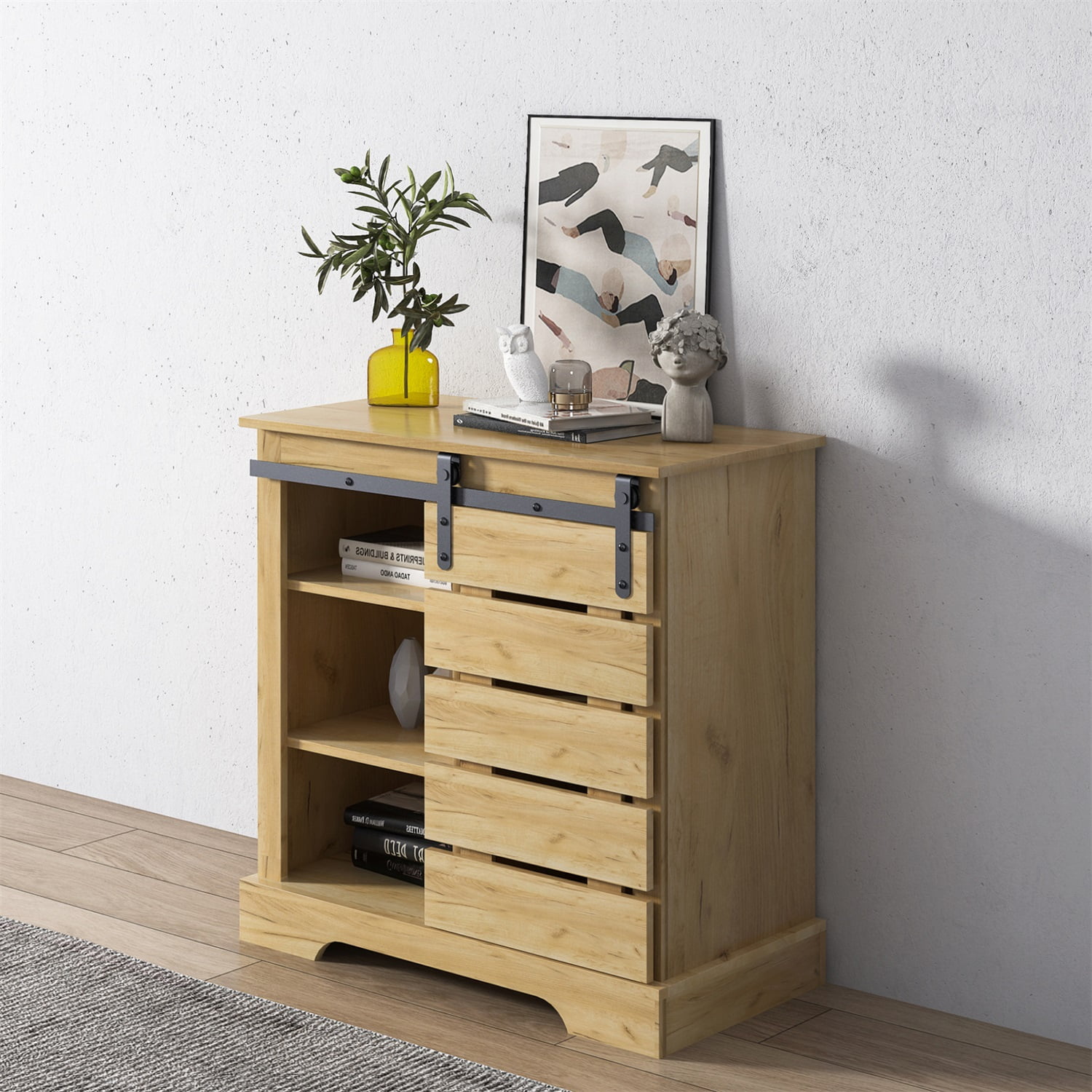 Kadyn Modern Farmhouse Sliding Single Slat Door Storage Console, Accent Console for Living Room, Sideboard Coffee Bar Cabinet for Kitchen, Light Brown