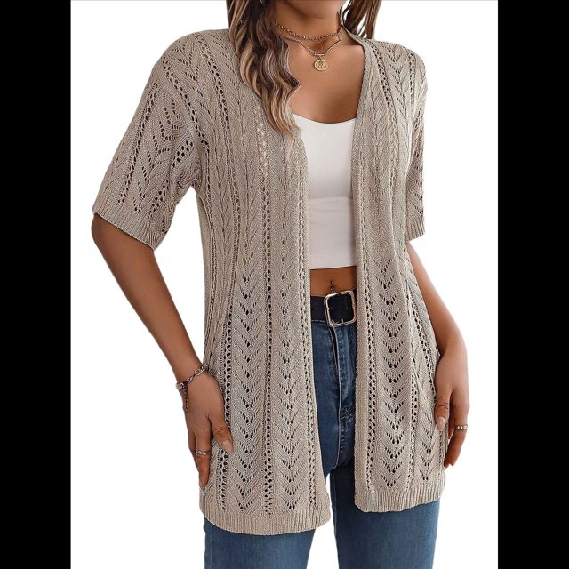 Suéteres Tipo Cárdigan de Verano para Mujer, Ligeros, de Media , con Abertura Frontal, de Crochet, para Playa. Caqui M