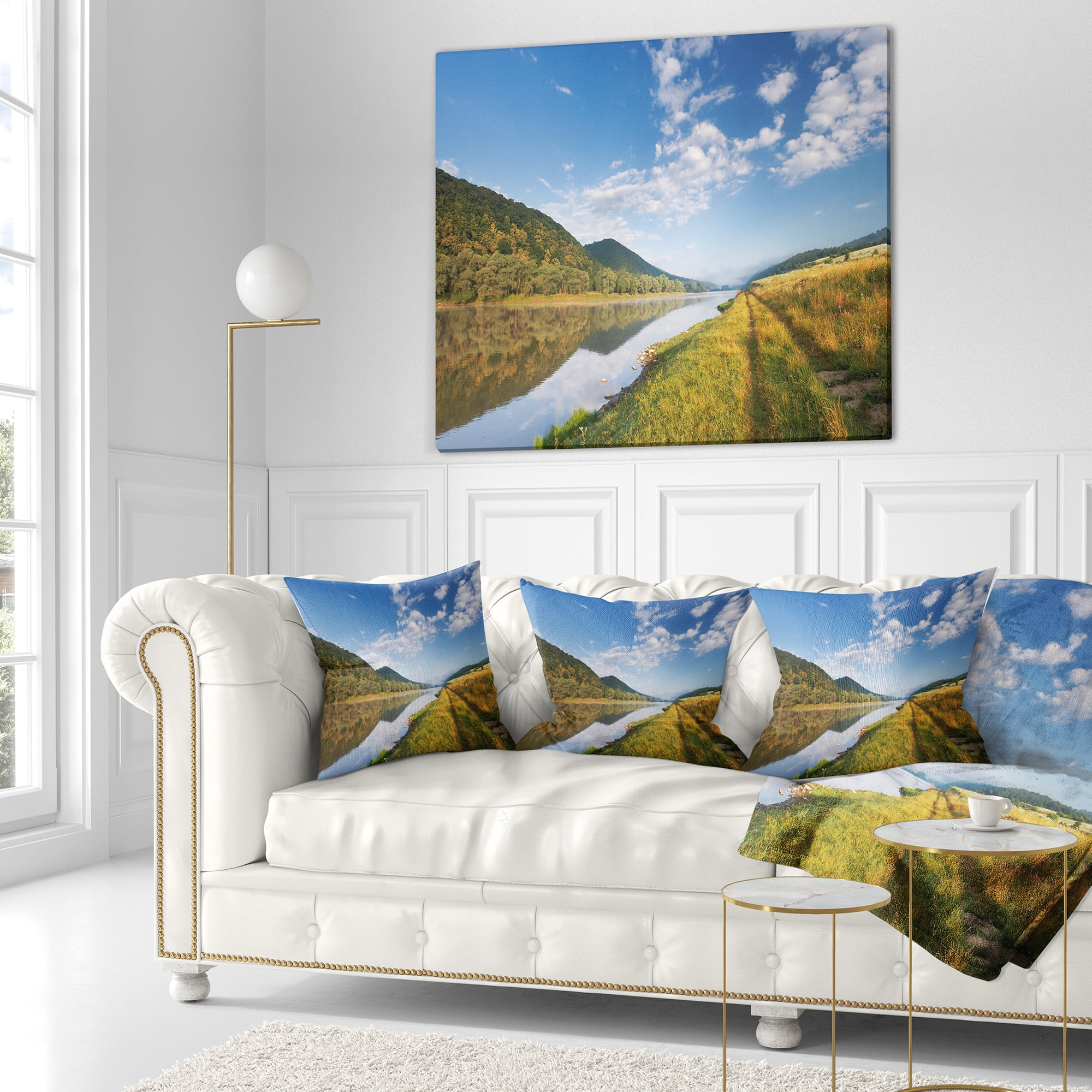 Designart Mountain River under Blue Sky - Landscape Photography Throw Pillow - 18x18