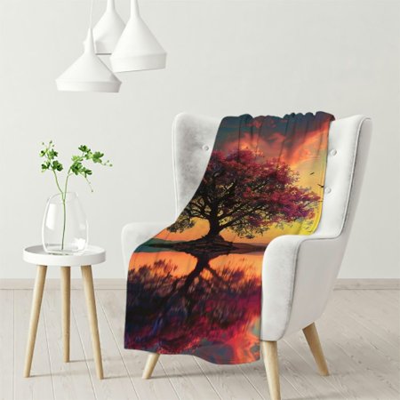 Dvbnli Waterside Pink Tree in Red Sunset Blanket - Calm & Soft, Picture Perfect | Perfect for Beds, Sofa Throws White
