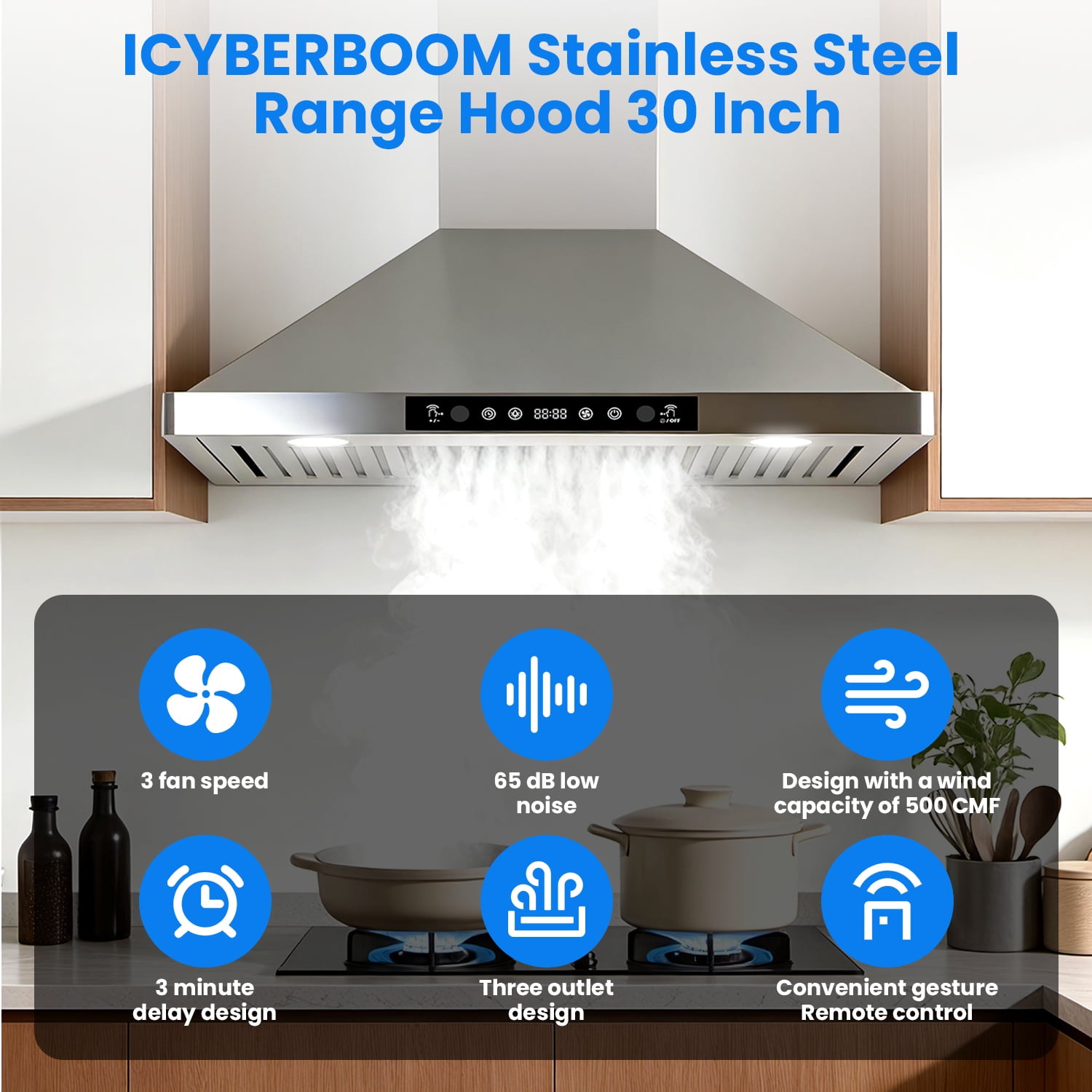 ICYBER BOOM 30 Inch Wall Mount Range Hood, 750 CFM Max Airflow Stainless Steel Kitchen Vent Hood with Gesture & Remote Control, 3 Speeds, 3-Min Delay, 66 dB, LED Lights, Includes Chimney, Carbon Filt