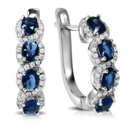 Blue & White Sapphire Halo Earrings in 14k White Gold Plated