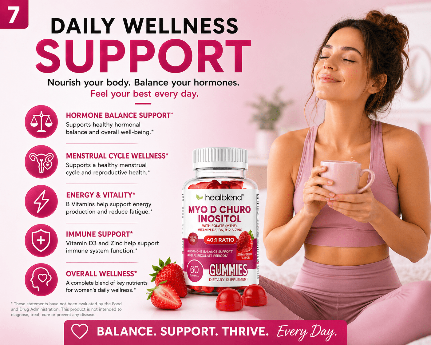 Healblend Myo-Inositol & D-Chiro Inositol PCOS Gummies for Hormone Balance & Fertility Support with Folate and Zinc, Strawberry Flavor, Sugar-Free, 60 Count