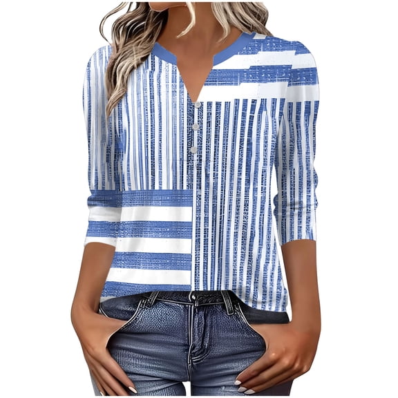 Craaazy Women's Casual Printing 3/4 Sleeve Button V- Neck Pleated Fashionable Spring Summer Tops Gifts