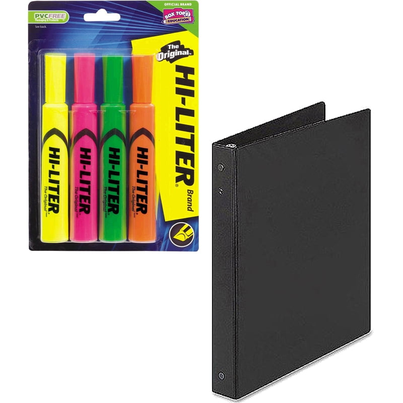 Avery Desk Style Hi-Liter, Assorted Colors, 4 pack and Avery 1" Economy Round Ring Reference Binder, Black Bundle