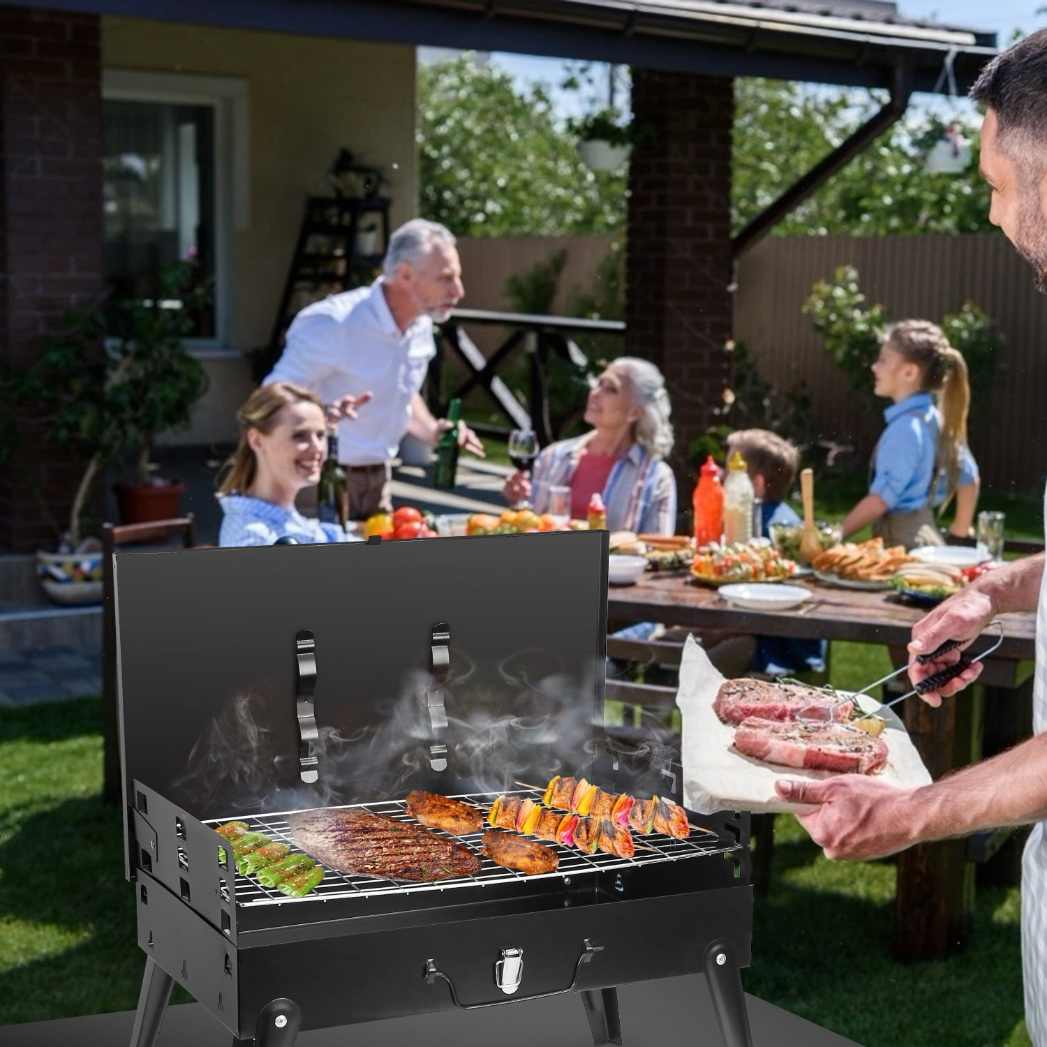 Foldable Charcoal BBQ Grill, 3 Adjustable Height Outdoor Barbecue Rack with Wind Shield & Tool Storage, for Camping Picnic Backyard Party Cooking