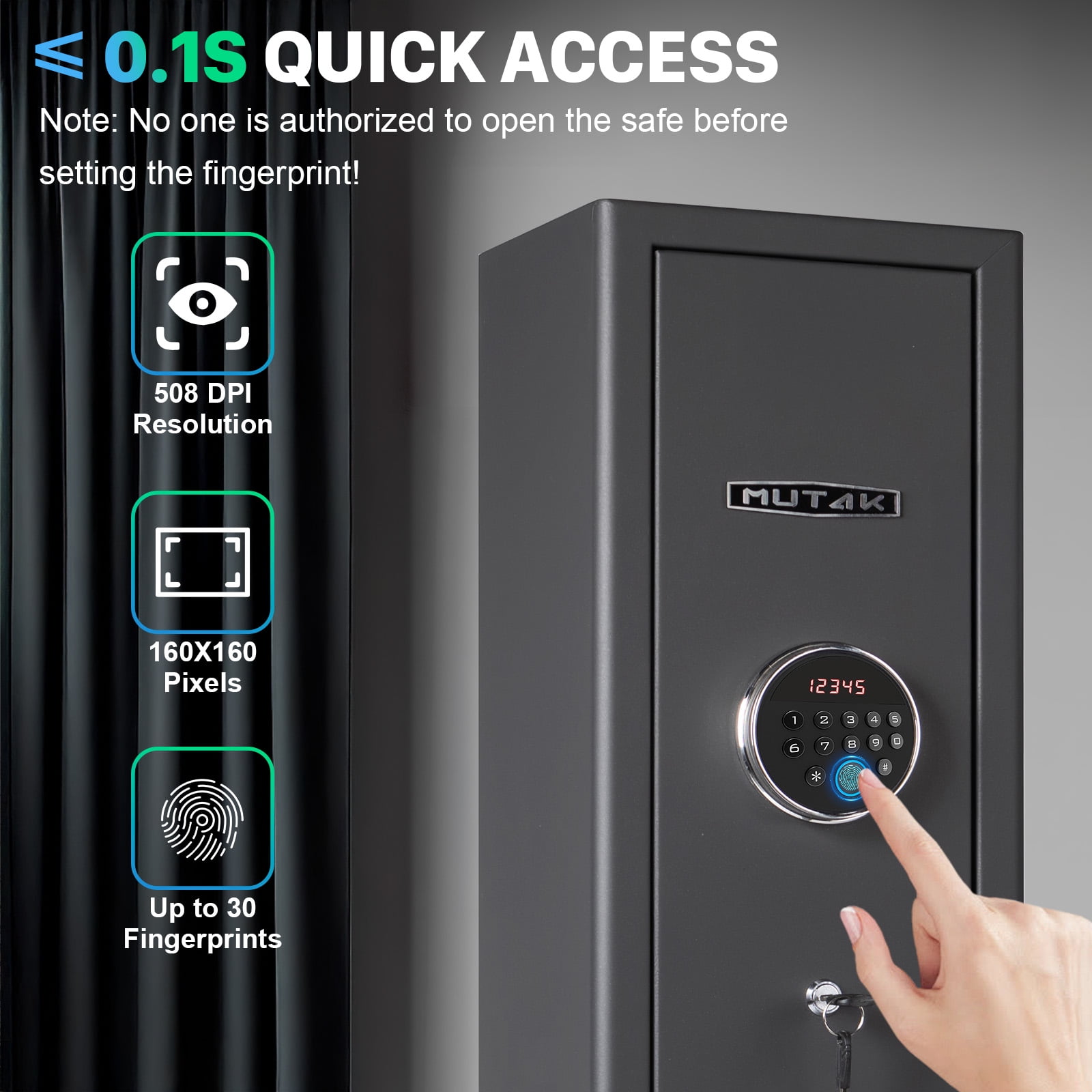 5  Large Gun Safe, Mutak Biometric Fingerprint, Gun Cabinet with Mute Mode, Long Gun Safe with Adjustable Gun Support, Removable Shelf & Metal Storage Box