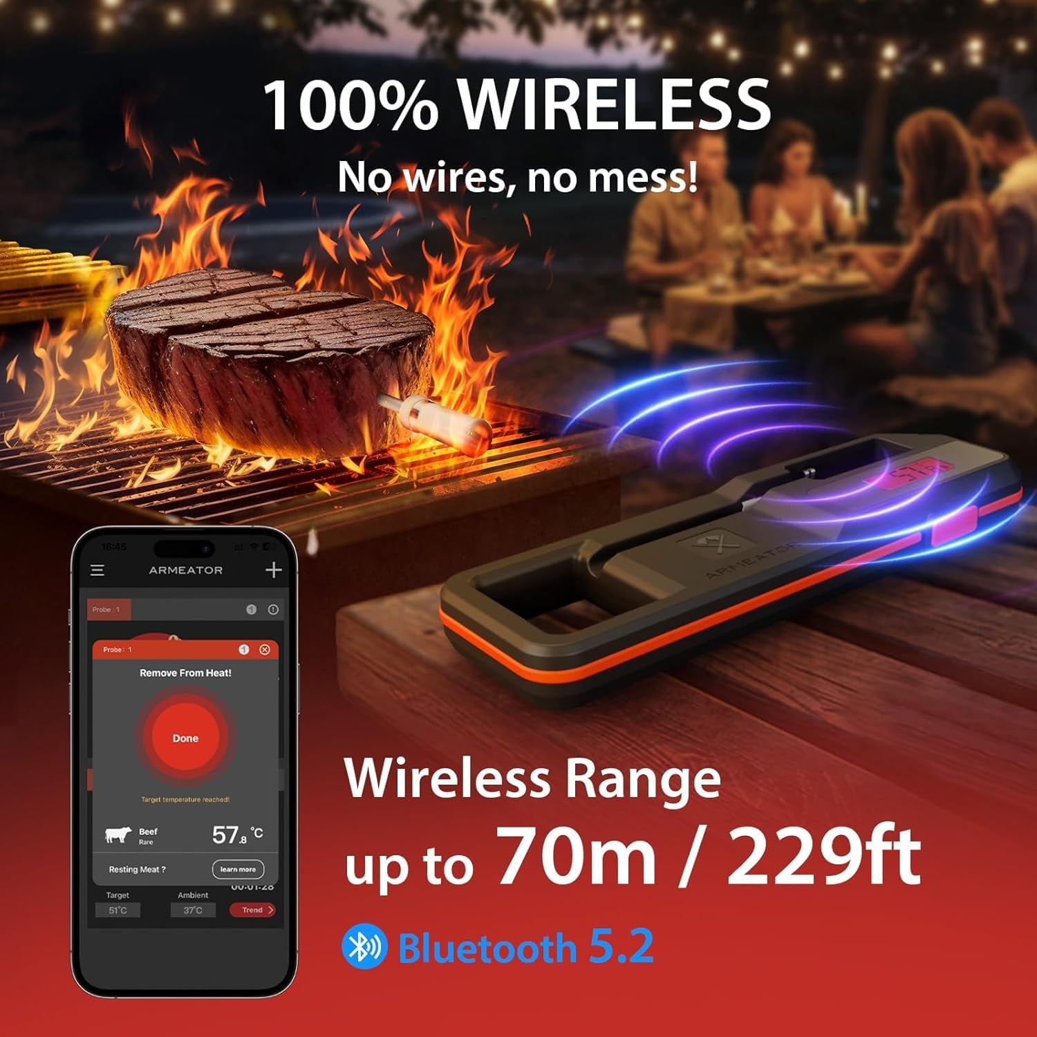 Smart Meat Thermometer with App | Wireless Digital Food Thermometer for Grill BBQ Smoker Air Fryer Oven |  Read Dual Sensor Probe with Bluetooth 5.2