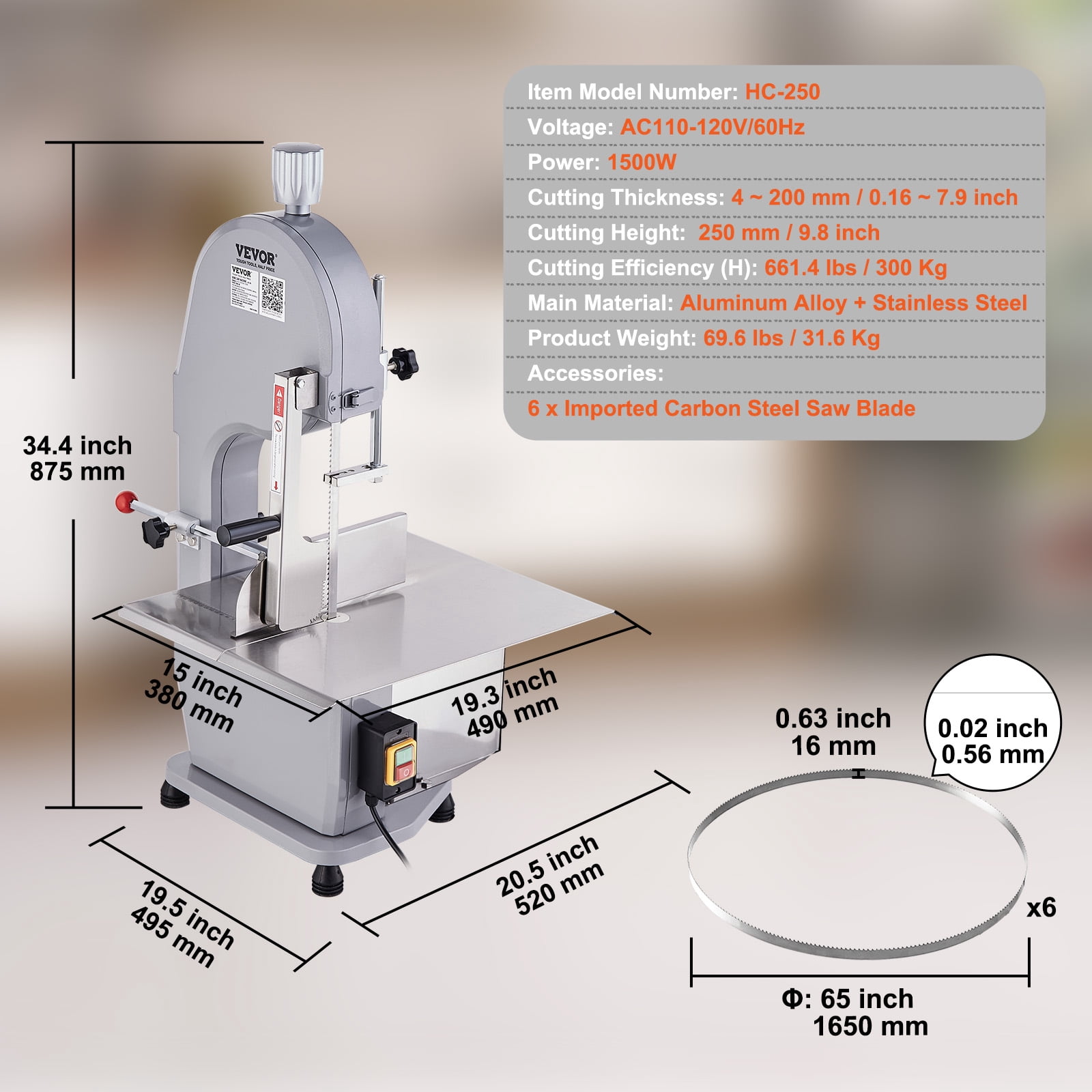 VEVOR 1500W Stainless Steel Countertop Bone Sawing Machine,19.3" x 15", 0.16-7.9 Inch 6 Blades