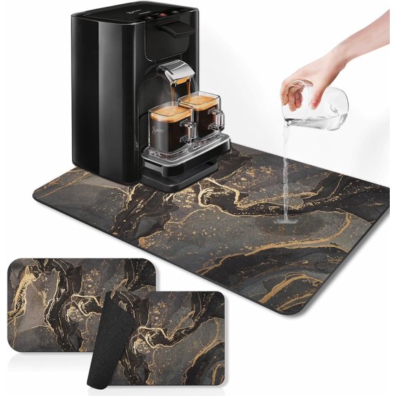 Coffee Mat for Countertops, Marble Black Gold Grey Abstract Dish Drying Mat 2 Pcs for Kitchen Coffee Bar Accessory, Fit Under Coffee Maker Espresso Machine Dish Rack Hide Stain Rubber 12x19in