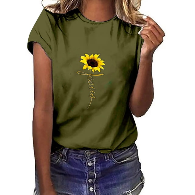 DPTALR Femmes Filles Grande Taille T-Shirts à Imprimé Tournesol Manches Courtes T-Shirt Blouse Hauts