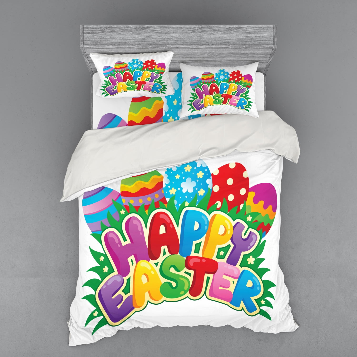 Easter Duvet Cover Set, Cartoon Style Ornamental Eggs Polka Dots