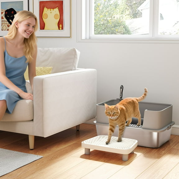 PawHut Stainless Steel Litter Box with High Sides, Extra Large Metal Cat Litter Box with Scoop, Pedal, Gray