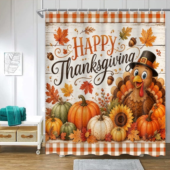 Happy Thanksgiving Shower Curtain Turkey And Pumpkins Fall Autumn Leaves Farmhouse Bath Decor 71x71 inches