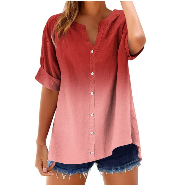 Cinvoph Womens Summer Tops 3/4 Sleeve V Neck Gradient Color T Shirts Casual Loose Lounge Workout Basic Tees Clothes