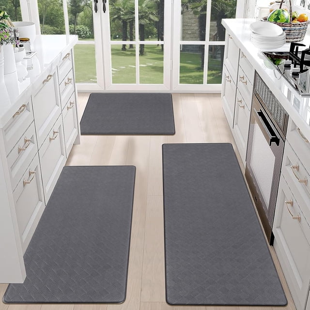 SHIQI-Anti Fatigue Kitchen Mats for Floor Set of 3 Cushioned Kitchen Rug Sets 3 Piece Non Slip Kitchen Rugs and Mats Waterproof Comfort Standing Mat Runner for Home Office,Sink,Laundry
