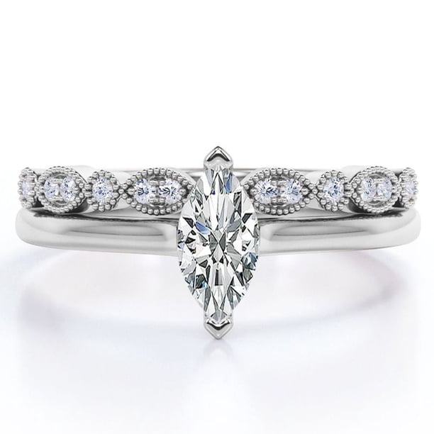 JeenMata Anillo Solitario de Talla Marquesa de 1,75 Quilates Conjunto de Boda Festoneado Estilo Art Déco: Baño de Oro Blanco de 18 K sobre Plata (Personalice la Banda de Su Anillo de Bodas)