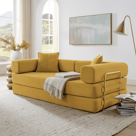 Jopath 78 Convertible Sofa Bed with Fixed-Shape Frame and Removable Armrests Futon Boneless Couch Lounge Loveseat with 2 Pillows Folding Mattress Couch for Living Room No Assembly Needed Yellow